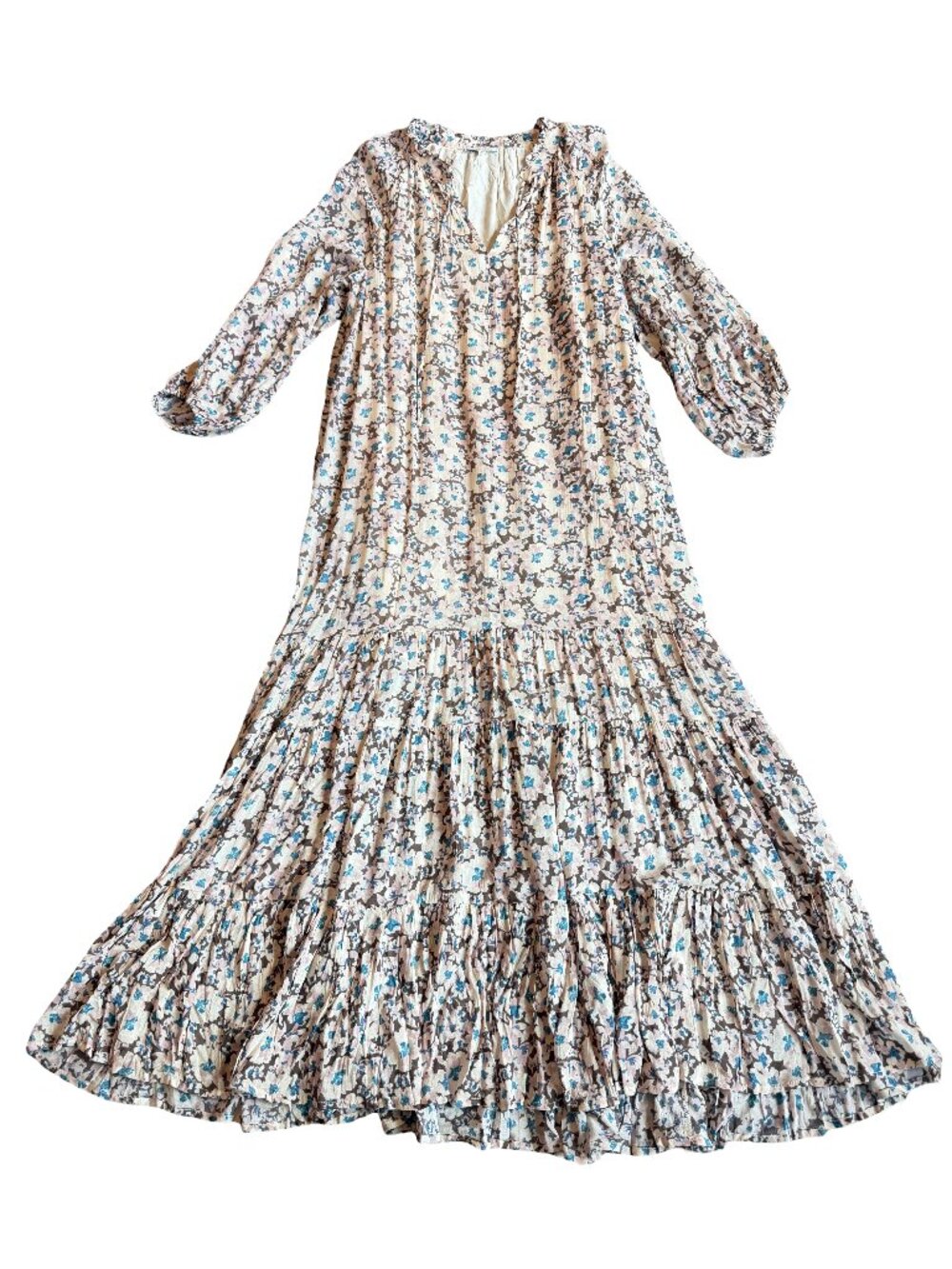 Z Supply Ivory Blue Floral Tiered Maxi Dress Long Sleeve Bohemian Small Women's